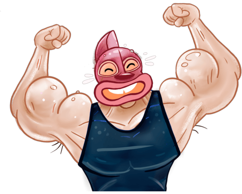 Illustration of your Keirin Trainer flexing his muscles and laughing